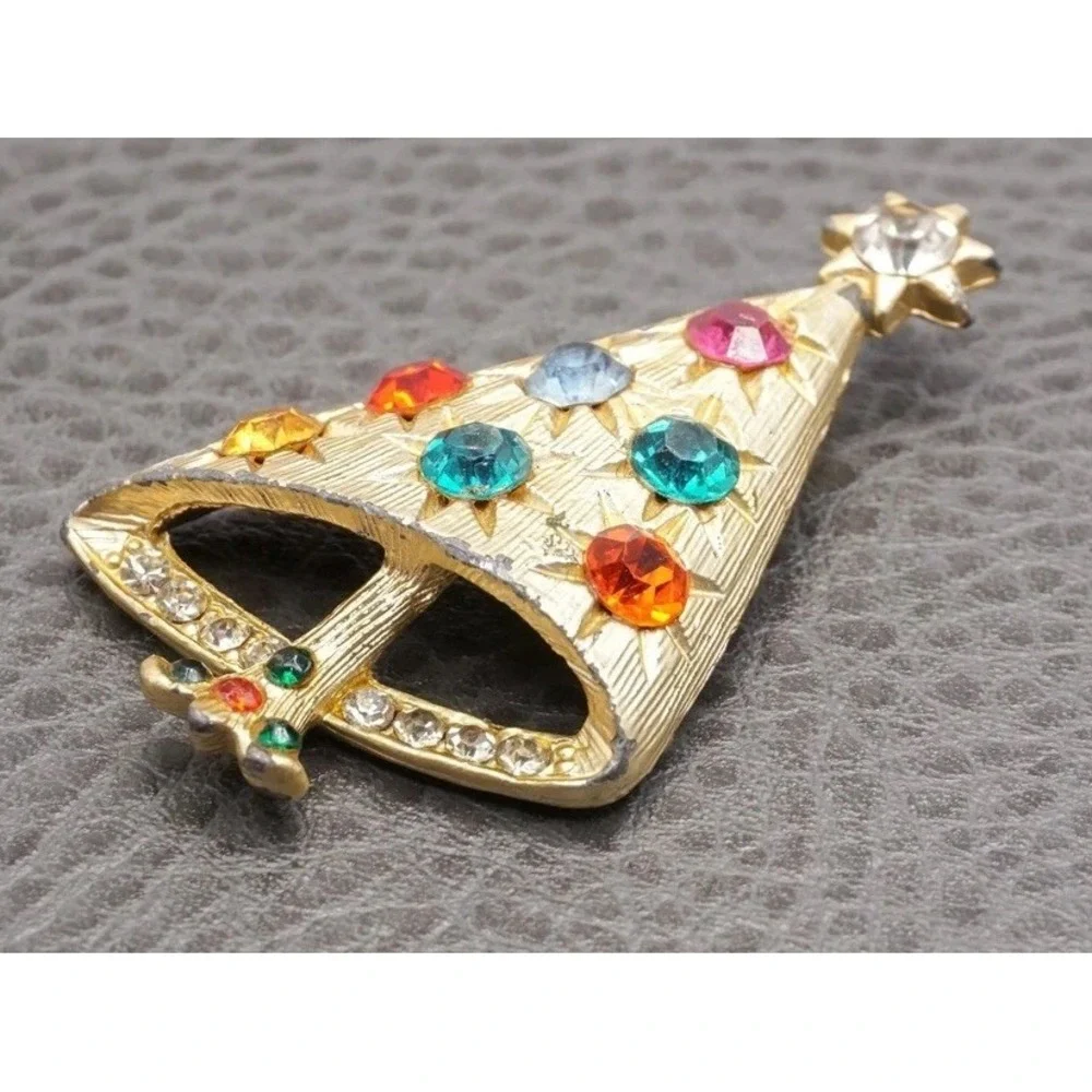 Vintage Christmas Tree Brooch MCM Modernist Multicolor Rhinestone Gold Tone